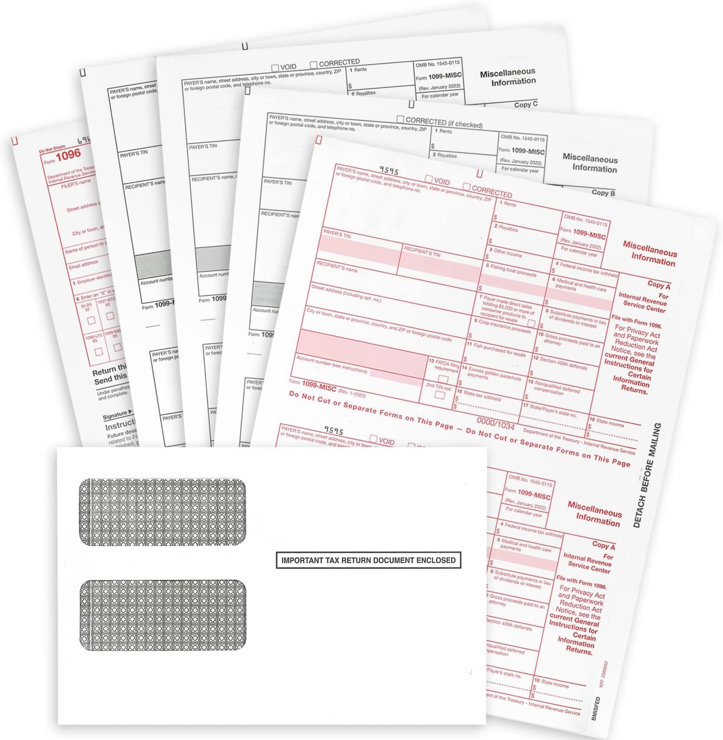 1099 MISC Forms for 2025, 4-Part Tax Forms,  25 Forms and 25 Self-Seal Envelopes.
