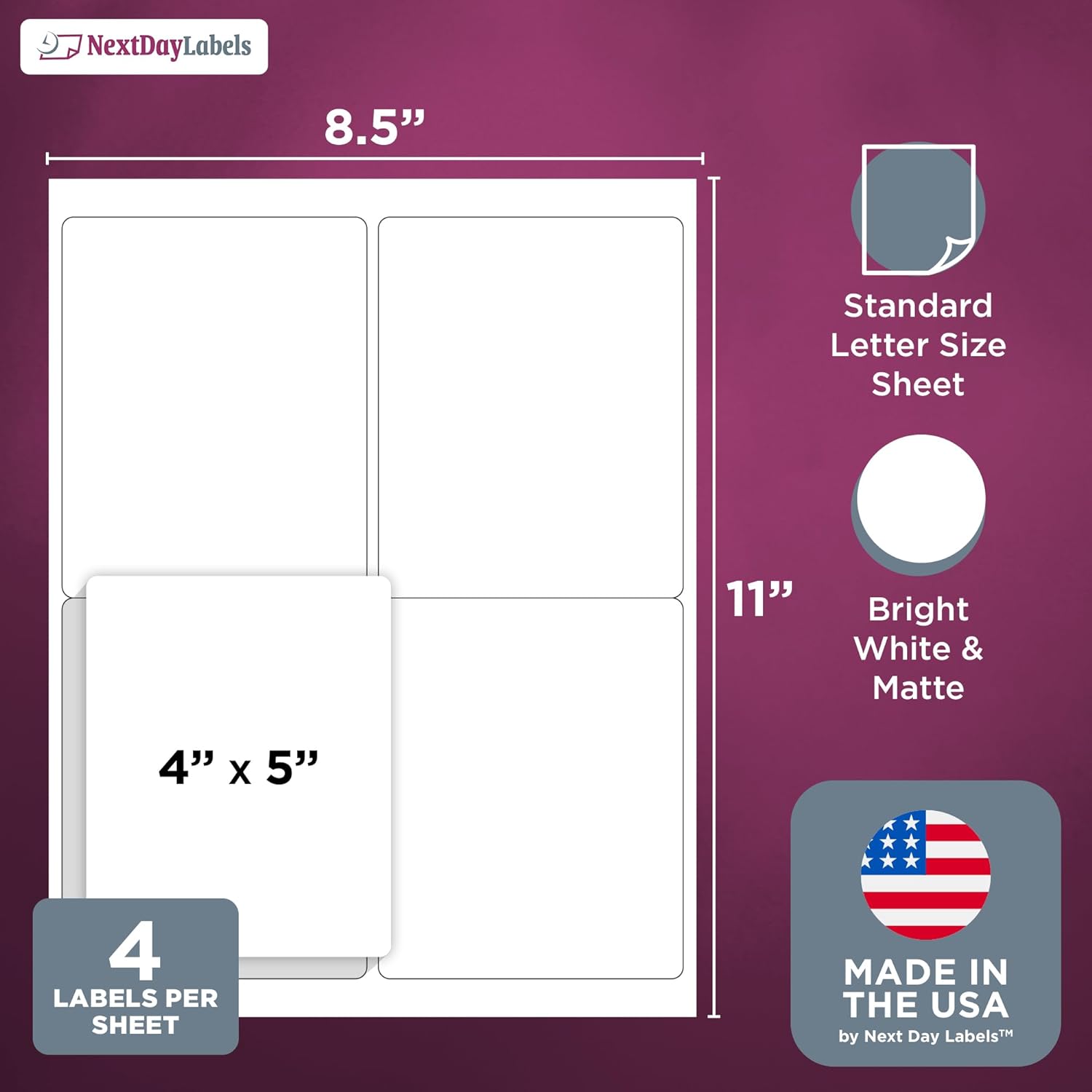 8-1/2" x 11", 4 Labels, per Sheet,4" x 5"