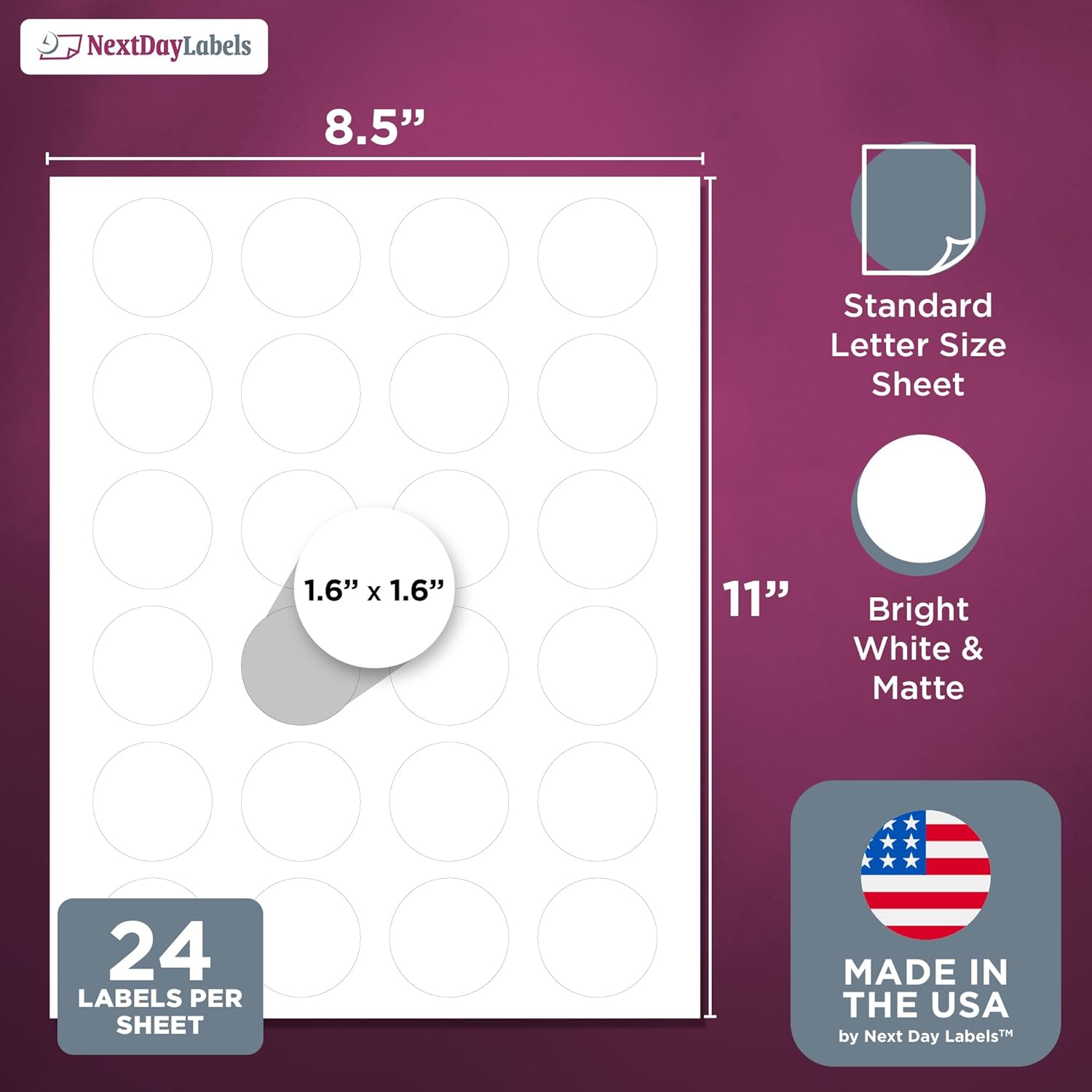 8-1/2" x 11", 24 Labels, per Sheet, 1.66" Round