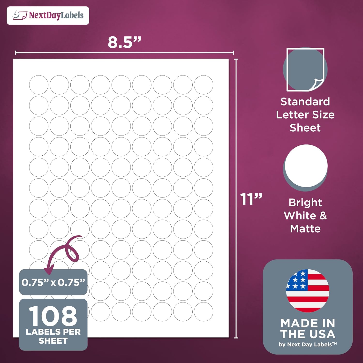 8-1/2" x 11" 108 Labels per Sheet 3/4" Round
