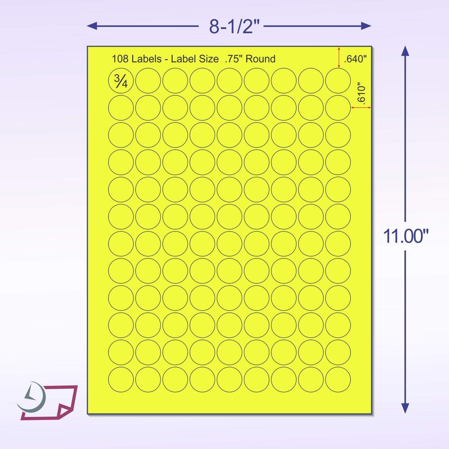 8-1/2" x 11" Yellow Fluorescent 108 Labels per Sheet 3/4" Round