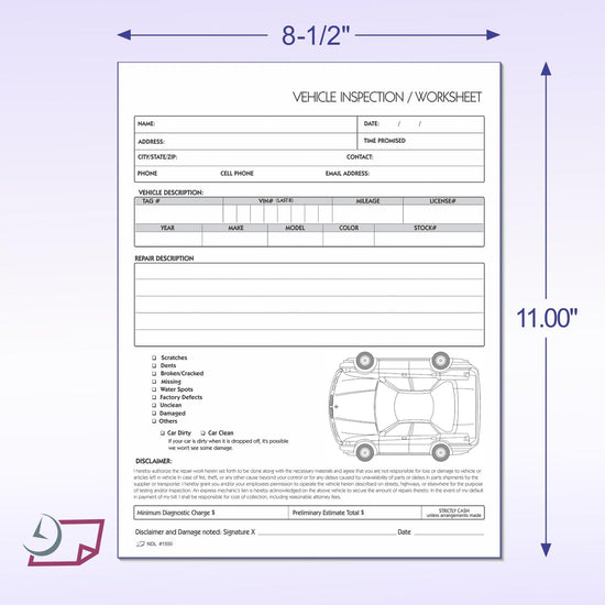 8-1/2 x 11" Vehicle Inspection Worksheet for Auto Haulers, 2 Part Carbonless Form.