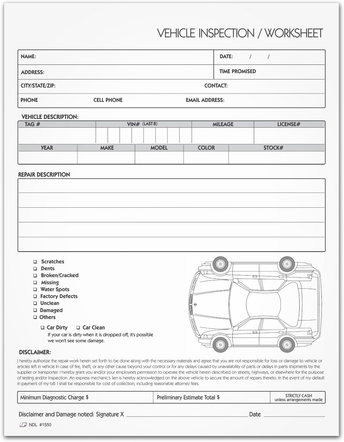 8-1/2 x 11" Vehicle Inspection Worksheet for Auto Haulers, 2 Part Carbonless Form.