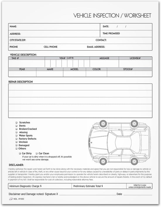 8-1/2 x 11" Vehicle Inspection Worksheet for Auto Haulers, 2 Part Carbonless Form.