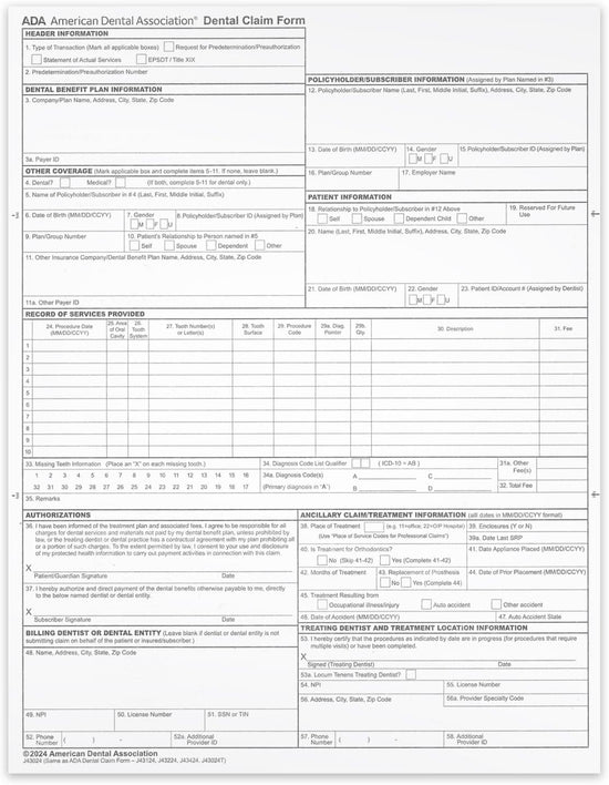 ADA Dental Claim Insurance Claim Forms, 8-1/2" X 11" for Laser or Ink Jet Printers