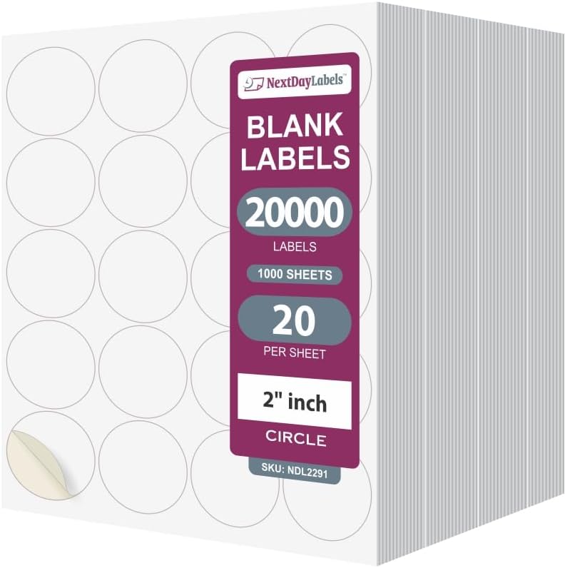 8-1/2" x 11" 20 Labels per Sheet 2" Round