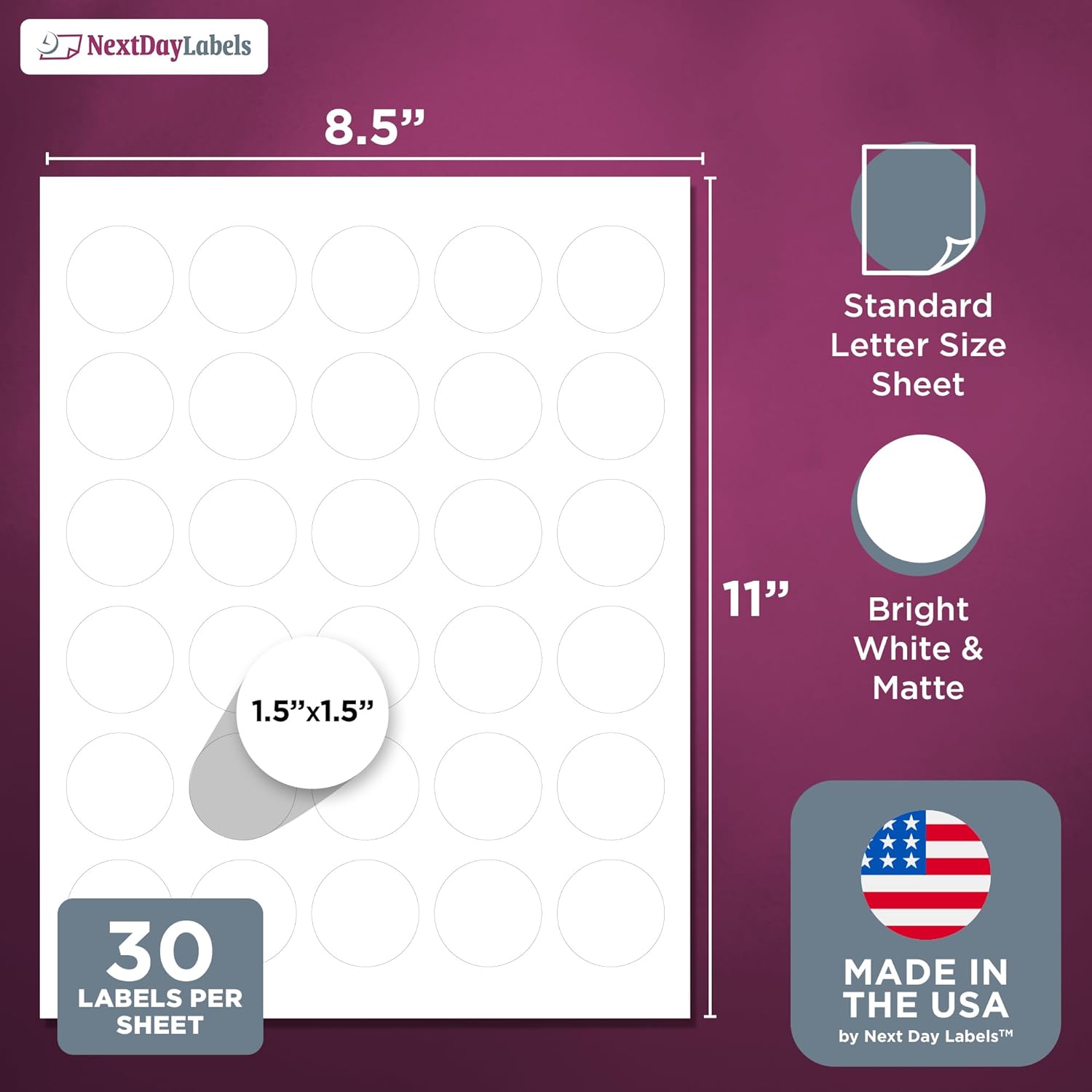 8-1/2" x 11" 30 Labels per Sheet 1.5" Round