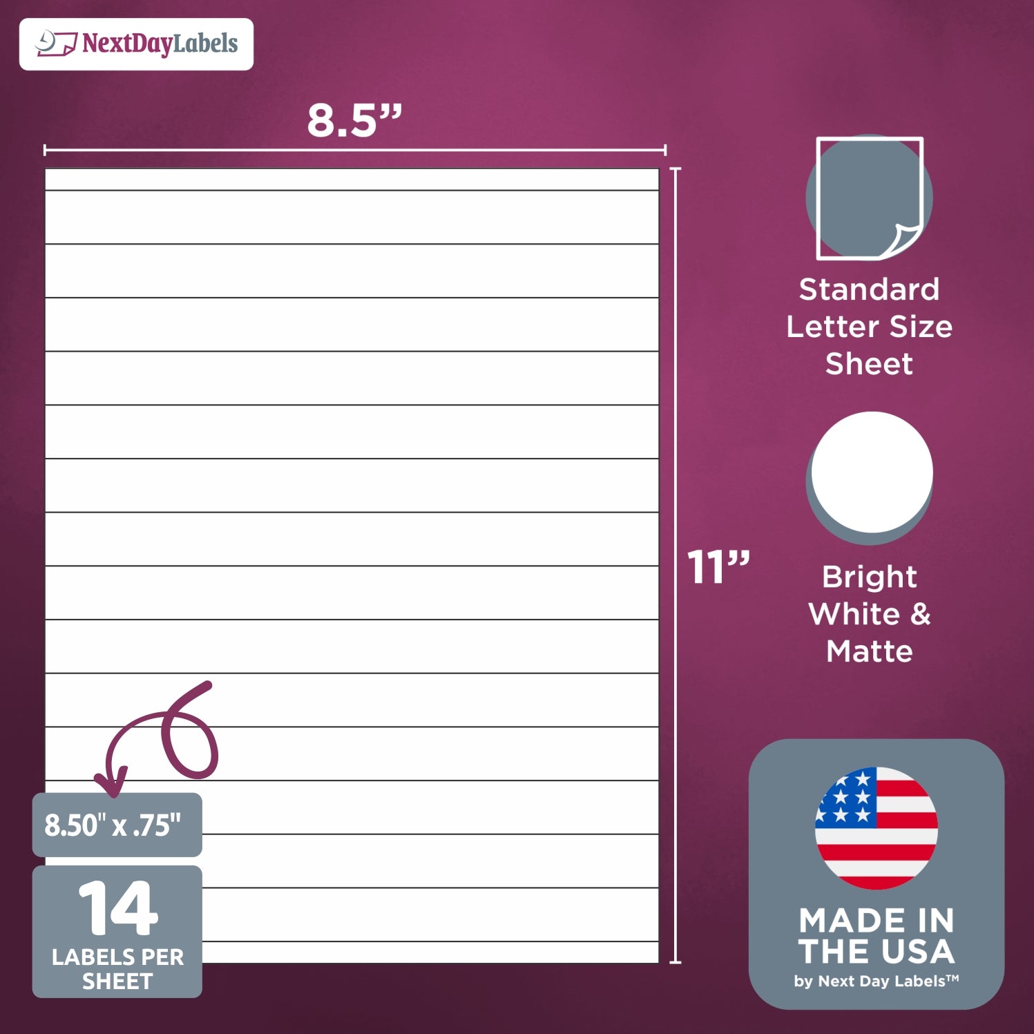 8-1/2" x 11", 14 Labels, per Sheet, 8.5" x 0.75"