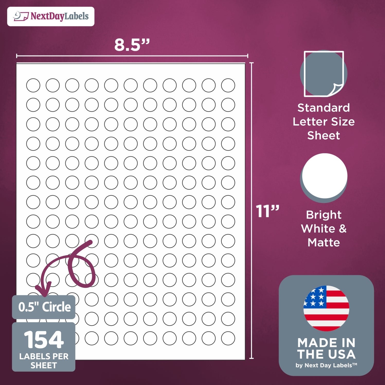 8-1/2" x 11", 154 Labels per Sheet, 0.5" Round Each Label.