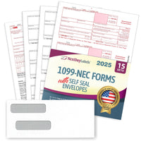 "New" 1099-NEC Forms for 2025, 4-Part  Tax Forms,  vendor kit of 15 Forms & Envelopes.