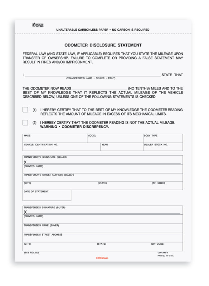 8-1/2 x 11", 3-Part Odometer Disclosure Statement