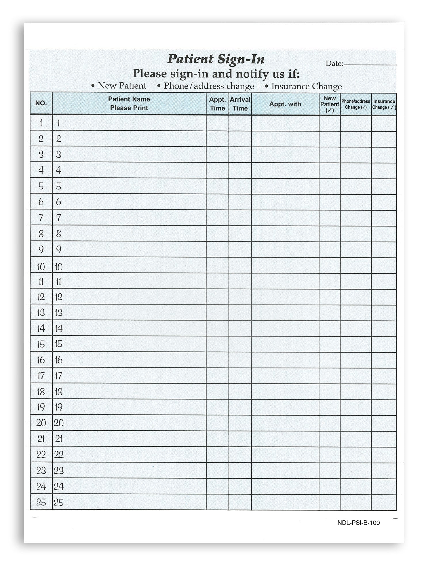 8-1/2 x 11" Patient Sign In Form, 2-Part NCR Carbonless, Blue