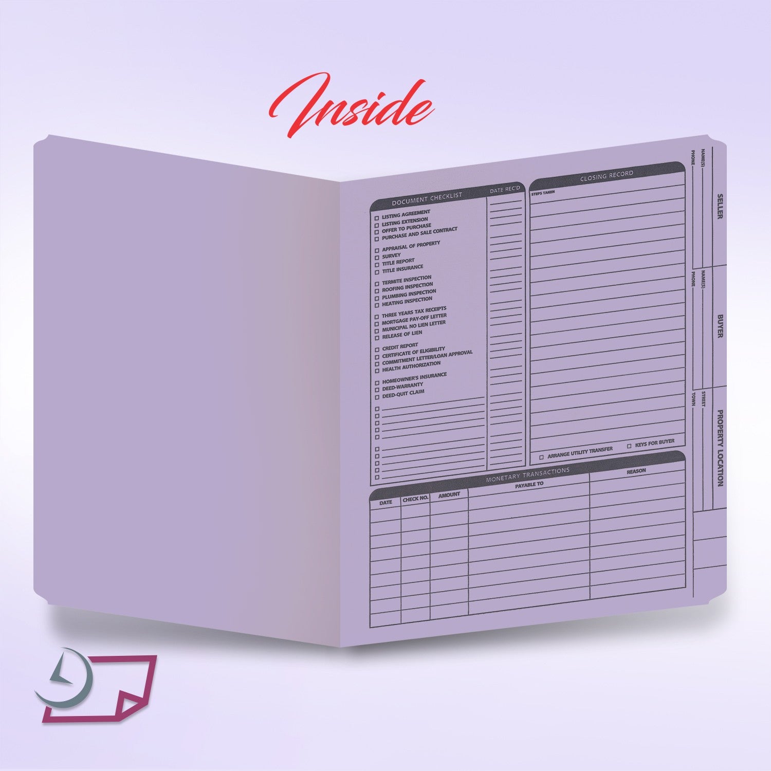 Real Estate Listing Folder, Right Panel List, Letter Size, Lavender