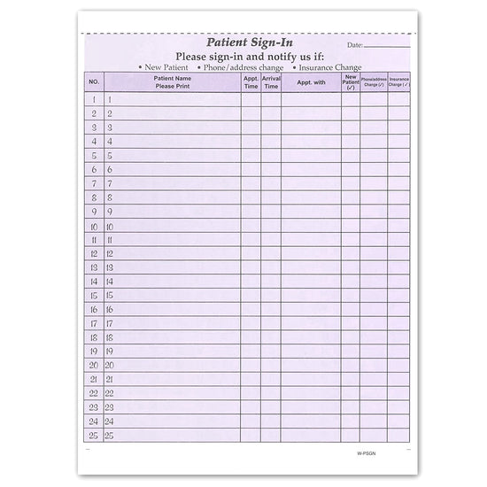 8-1/2 x 11" Patient Sign In Form, 2-Part NCR Carbonless, Purple