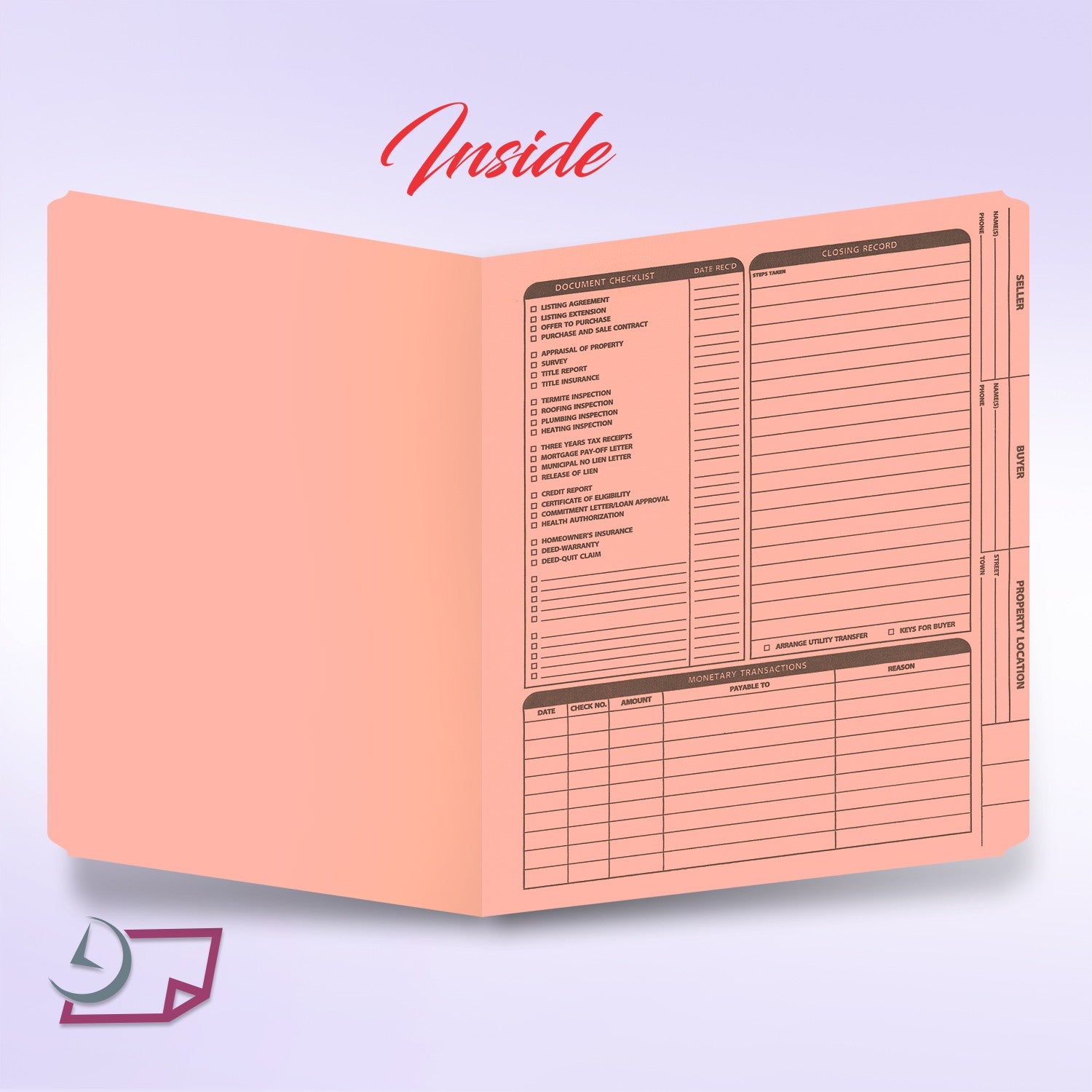 Real Estate Listing Folder, Right Panel List, Letter Size, Pink