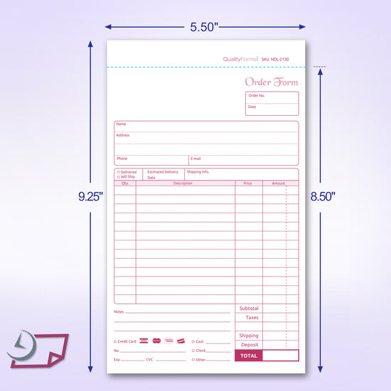 5-1/2 x 8-1/2 Carbonless 2 Part Order Forms, Bound Wraparound Cover, White/Canary, 50 Sets per Book.