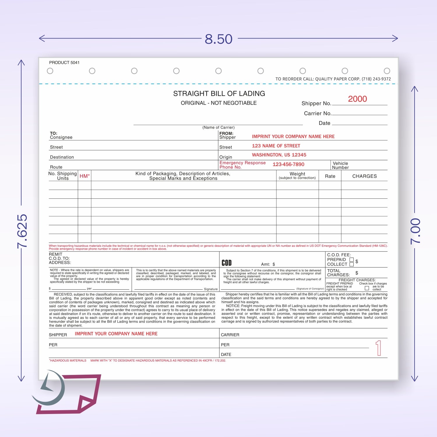 Straight Bill of Lading - WITH CO. NAME IMPRINT -