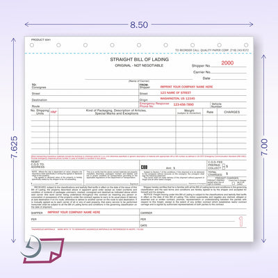 Straight Bill of Lading - WITH CO. NAME IMPRINT -