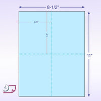 8-1/2 x 11" 100# Tag Laser Cards, 4 Up, 1 Horizontal perf & 1 Vertical Perf at the Center, Blue