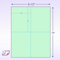 8-1/2 x 11" 100# Tag Laser Cards, 4 Up, 1 Horizontal perf & 1 Vertical Perf at the Center, Green