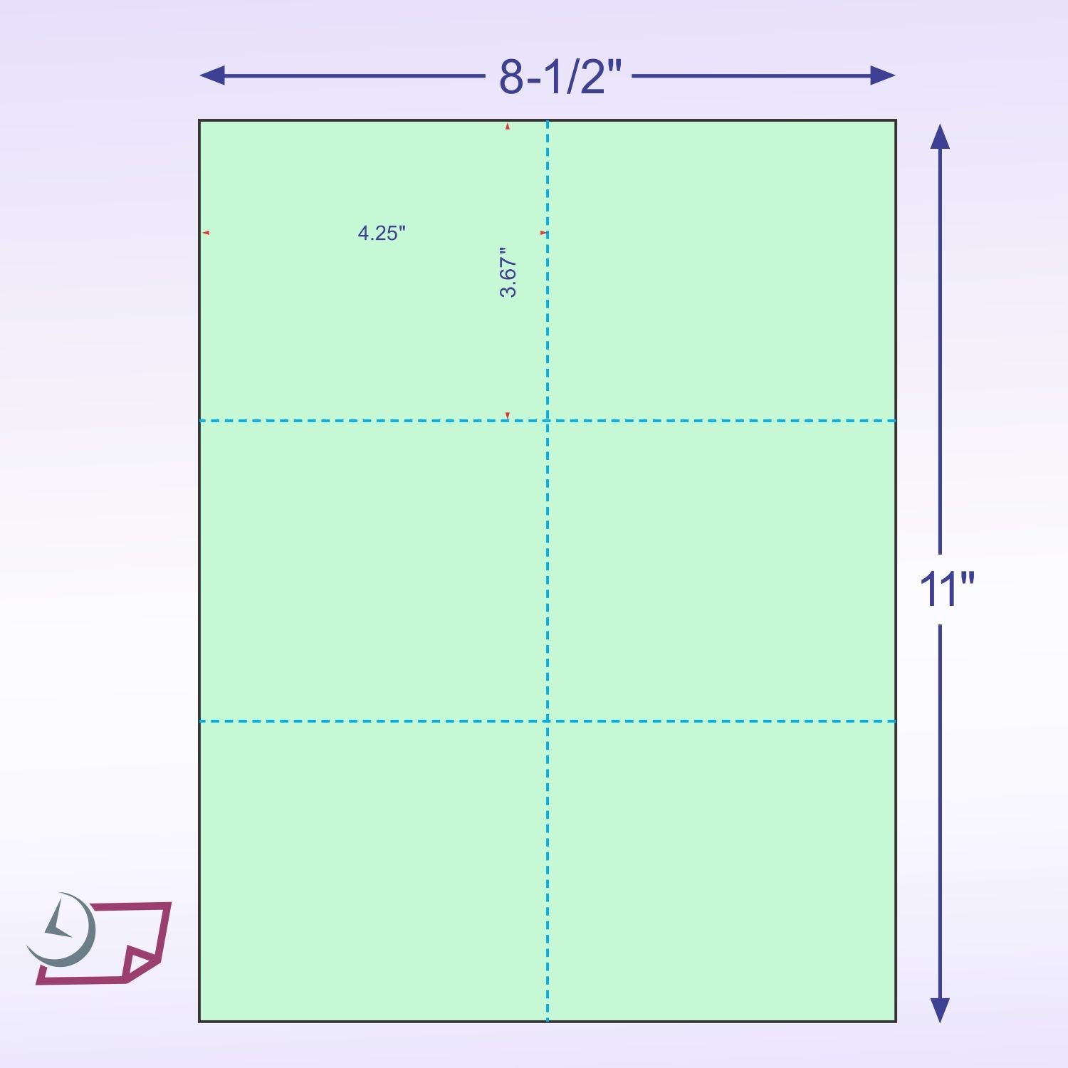 8-1/2 x 11" 100# Tag Laser Cards, 6 Up, 1 Horizontal & 2 Vertical Perforations, Green