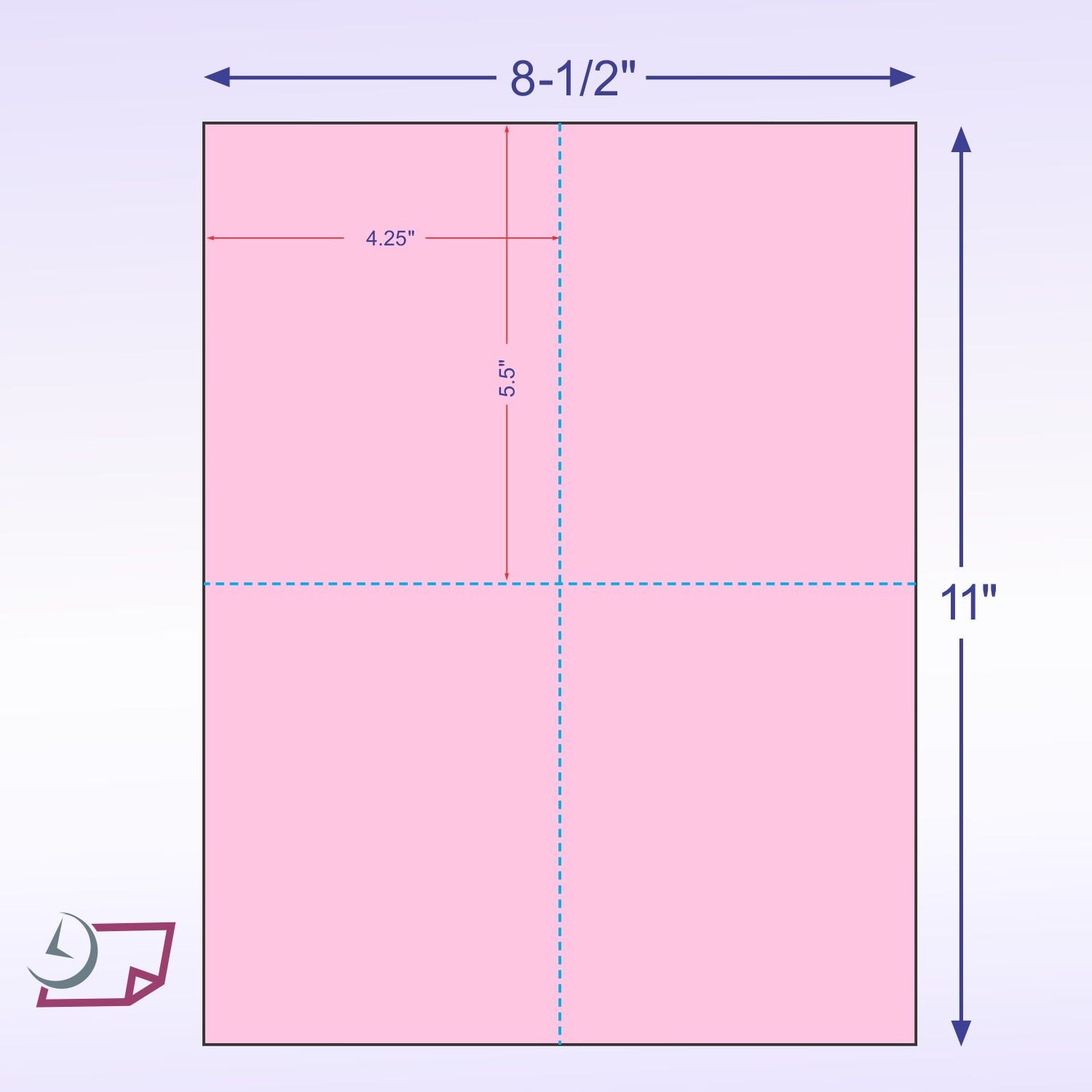 8-1/2 x 11" 100# Tag Laser Cards, 4 Up, 1 Horizontal perf & 1 Vertical Perf at the Center, Pink