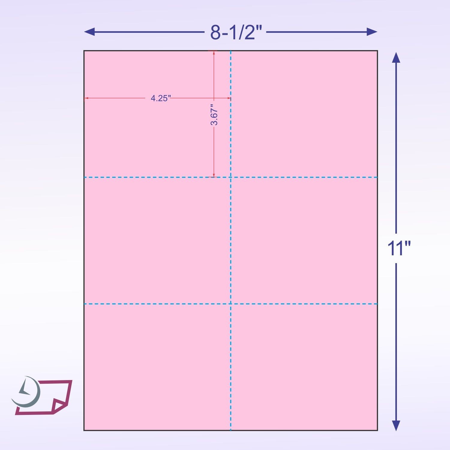 8-1/2 x 11" 100# Tag Laser Cards, 6 Up, 1 Horizontal & 2 Vertical Perforations, Pink