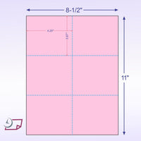 8-1/2 x 11" 100# Tag Laser Cards, 6 Up, 1 Horizontal & 2 Vertical Perforations, Pink