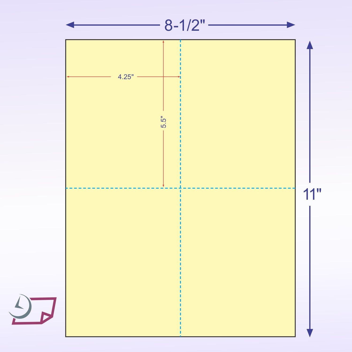 8-1/2 x 11" 100# Tag Laser Cards, 4 Up, 1 Horizontal perf & 1 Vertical Perf at the Center, Canary