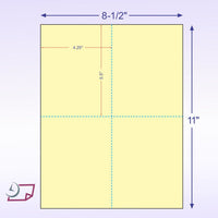8-1/2 x 11" 100# Tag Laser Cards, 4 Up, 1 Horizontal perf & 1 Vertical Perf at the Center, Canary