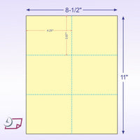 8-1/2 x 11" 100# Tag Laser Cards, 6 Up, 1 Horizontal & 2 Vertical Perforations, Canary