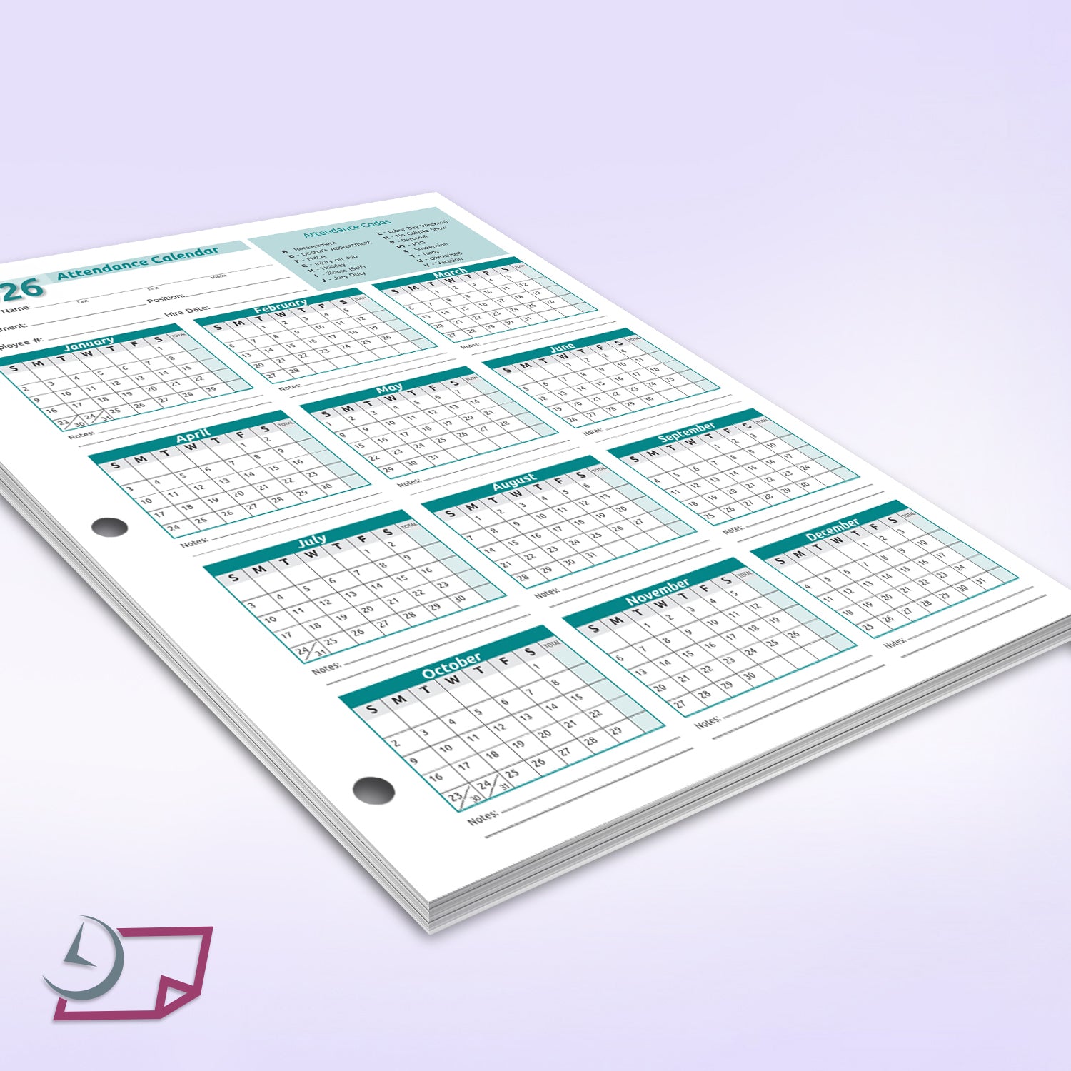 Work Tracker Attendance Calendar Cards 8 ½ X 11