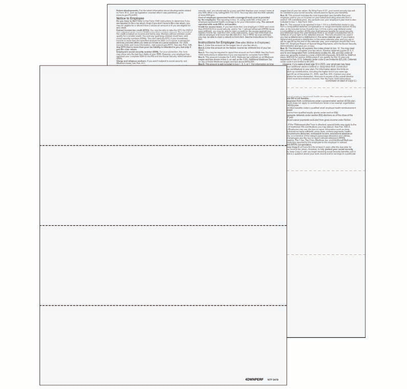 4-Up Blank W-2 Form - 3 Horizontal Perforations with Employee Instructions