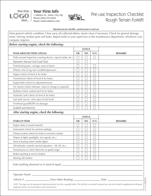Forklift Inspection Checklist Formm, 2 part 3 part 4 part, printed form